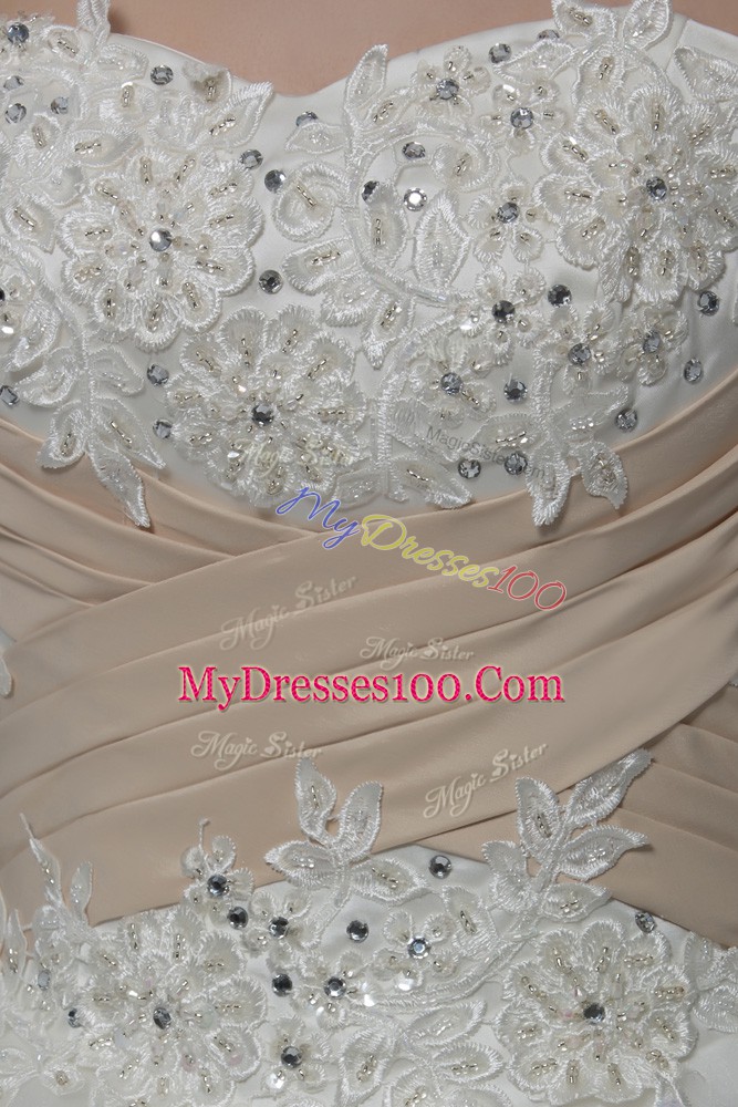 Glamorous Sweetheart Sleeveless Wedding Gown Floor Length Beading and Appliques White Tulle