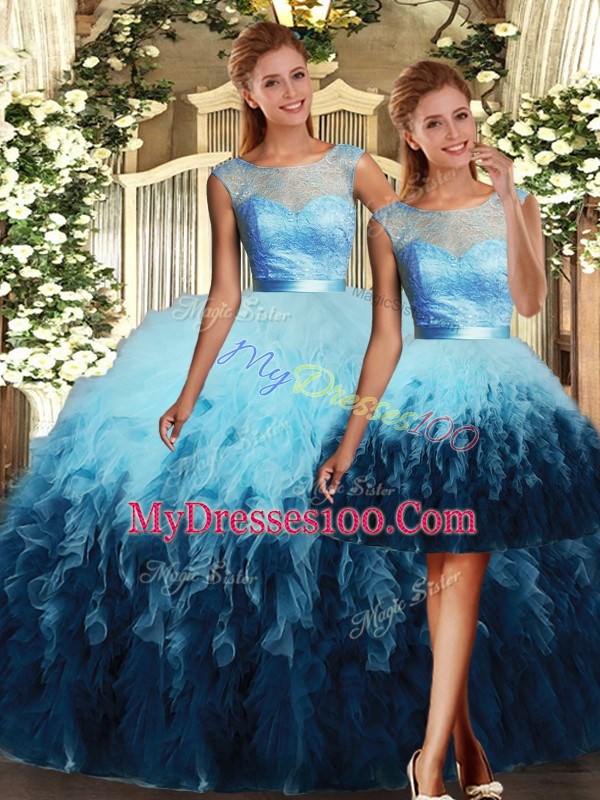 Discount Multi-color Lace Up 15 Quinceanera Dress Lace and Ruffles Sleeveless Floor Length