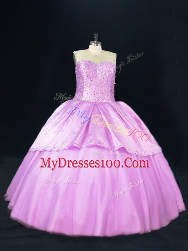 Top Selling Satin and Tulle Sleeveless Floor Length Sweet 16 Dress and Beading