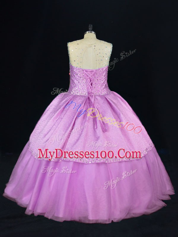 Top Selling Satin and Tulle Sleeveless Floor Length Sweet 16 Dress and Beading