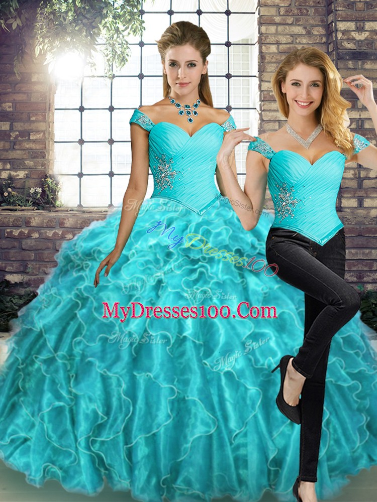 Aqua Blue Sweet 16 Dresses Military Ball and Sweet 16 and Quinceanera with Beading and Ruffles Off The Shoulder Sleeveless Brush Train Lace Up