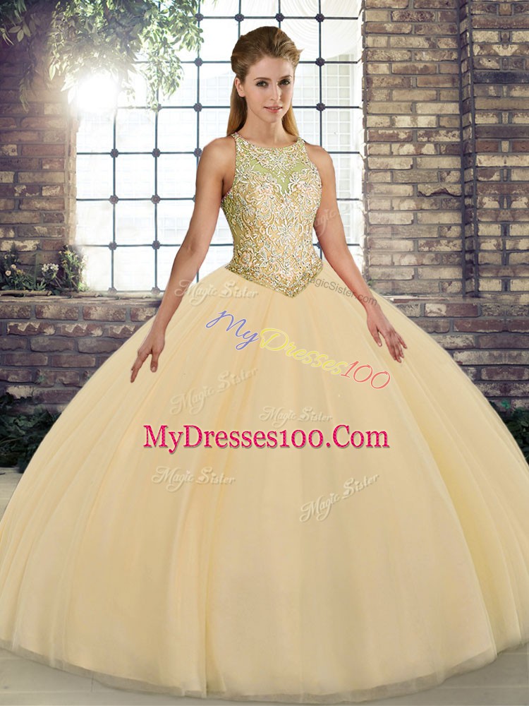 Scoop Sleeveless Ball Gown Prom Dress Floor Length Embroidery Gold Tulle