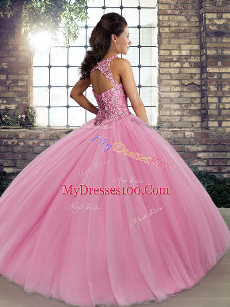 Scoop Sleeveless Ball Gown Prom Dress Floor Length Embroidery Gold Tulle