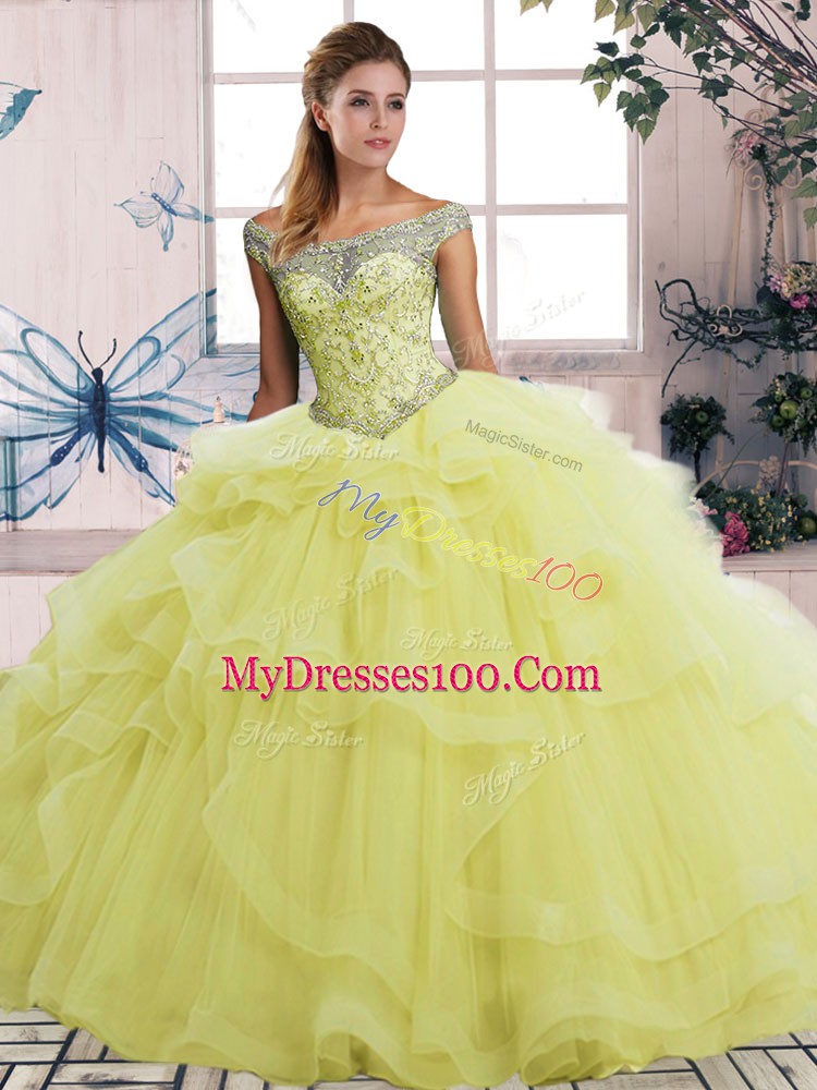 Chic Off The Shoulder Sleeveless Quince Ball Gowns Floor Length Beading and Ruffles Yellow Tulle