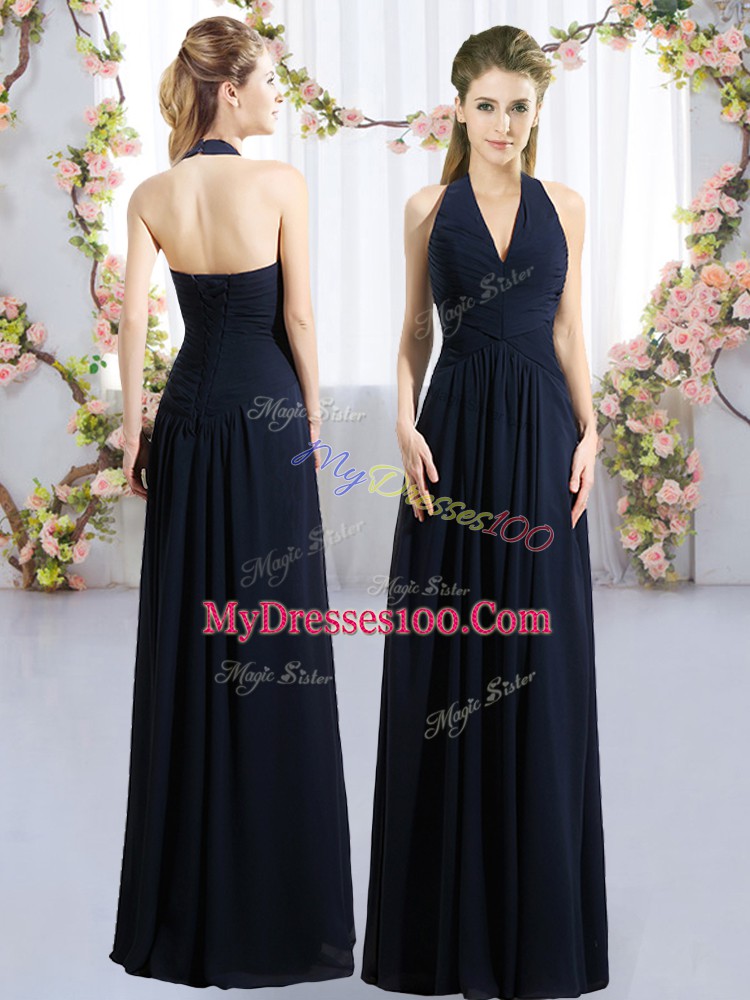 Elegant Halter Top Sleeveless Bridesmaid Dress Floor Length Ruching Navy Blue Chiffon