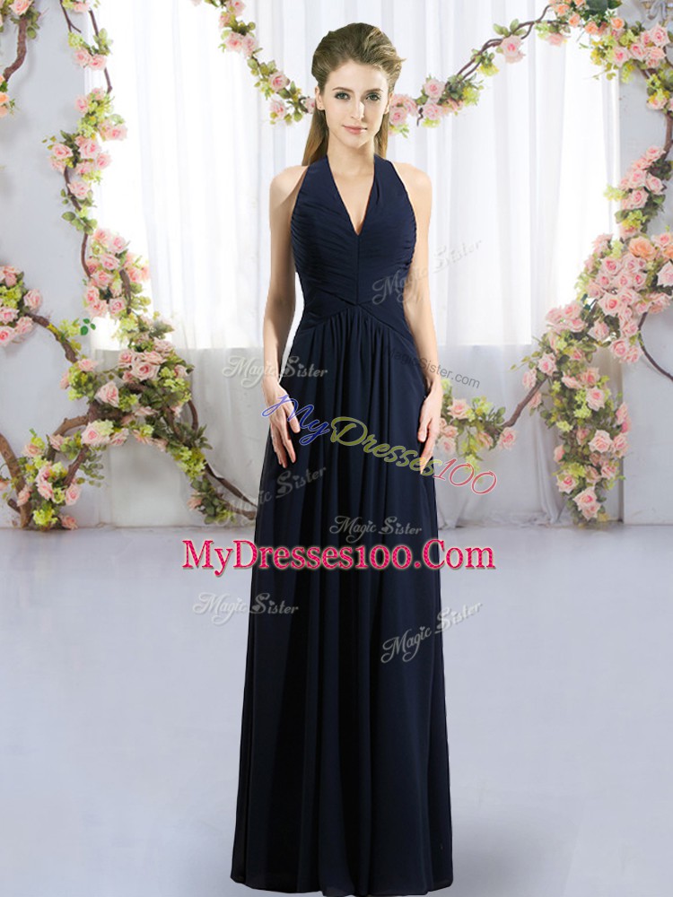 Elegant Halter Top Sleeveless Bridesmaid Dress Floor Length Ruching Navy Blue Chiffon