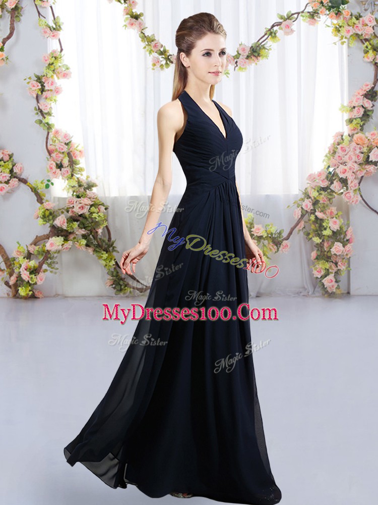 Elegant Halter Top Sleeveless Bridesmaid Dress Floor Length Ruching Navy Blue Chiffon