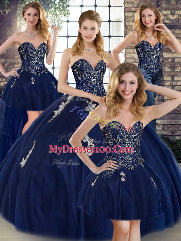 Superior Navy Blue Sweetheart Neckline Beading and Appliques Sweet 16 Dress Sleeveless Lace Up