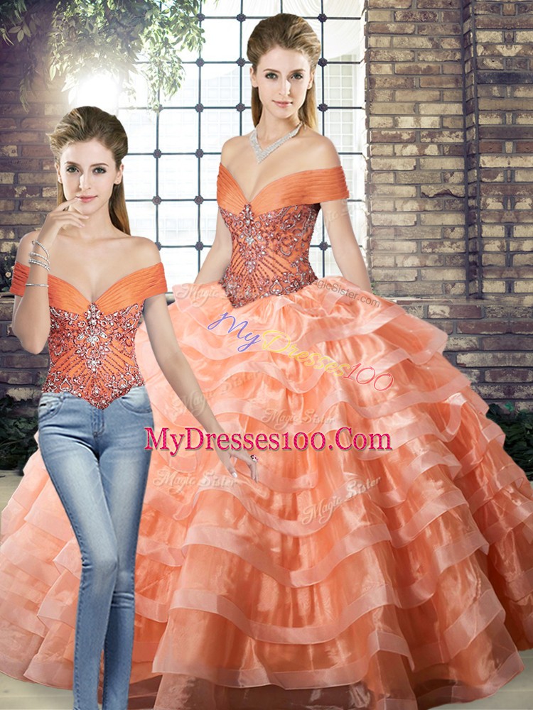 Peach Sleeveless Organza Brush Train Lace Up 15 Quinceanera Dress for Military Ball and Sweet 16 and Quinceanera