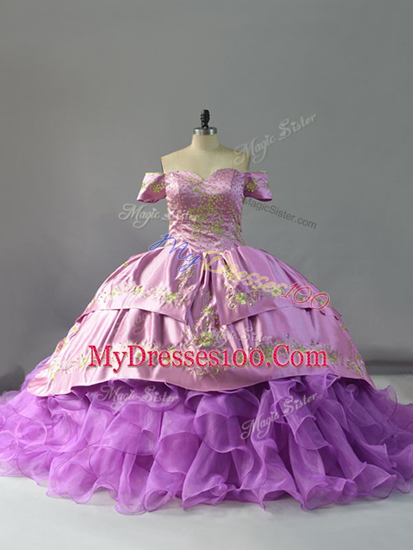 Cute Lavender Organza Lace Up Vestidos de Quinceanera Sleeveless Chapel Train Beading and Embroidery and Ruffles