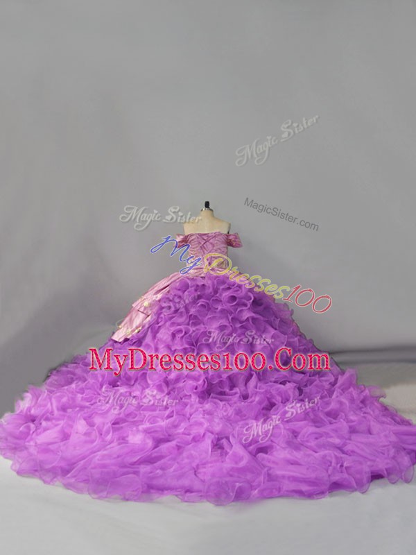 Cute Lavender Organza Lace Up Vestidos de Quinceanera Sleeveless Chapel Train Beading and Embroidery and Ruffles
