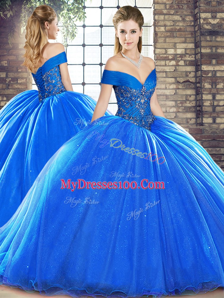 Custom Designed Royal Blue Ball Gowns Organza Off The Shoulder Sleeveless Beading Lace Up Sweet 16 Dress Brush Train