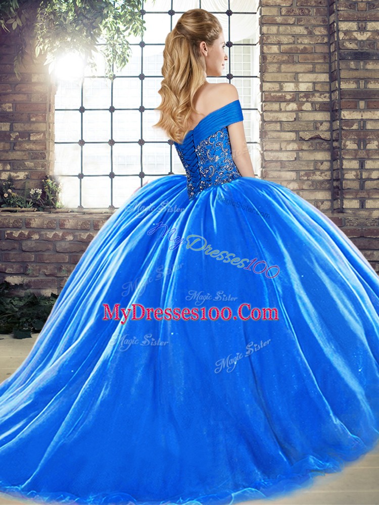 Custom Designed Royal Blue Ball Gowns Organza Off The Shoulder Sleeveless Beading Lace Up Sweet 16 Dress Brush Train