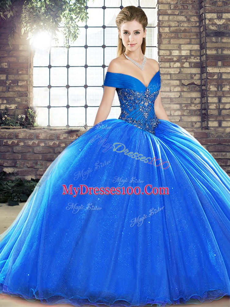 Custom Designed Royal Blue Ball Gowns Organza Off The Shoulder Sleeveless Beading Lace Up Sweet 16 Dress Brush Train