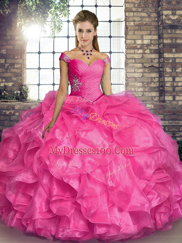 Hot Pink Lace Up Off The Shoulder Beading and Ruffles Quince Ball Gowns Organza Sleeveless