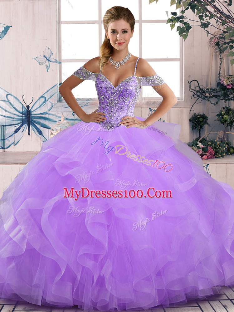 Tulle Sleeveless Floor Length Sweet 16 Quinceanera Dress and Beading and Ruffles