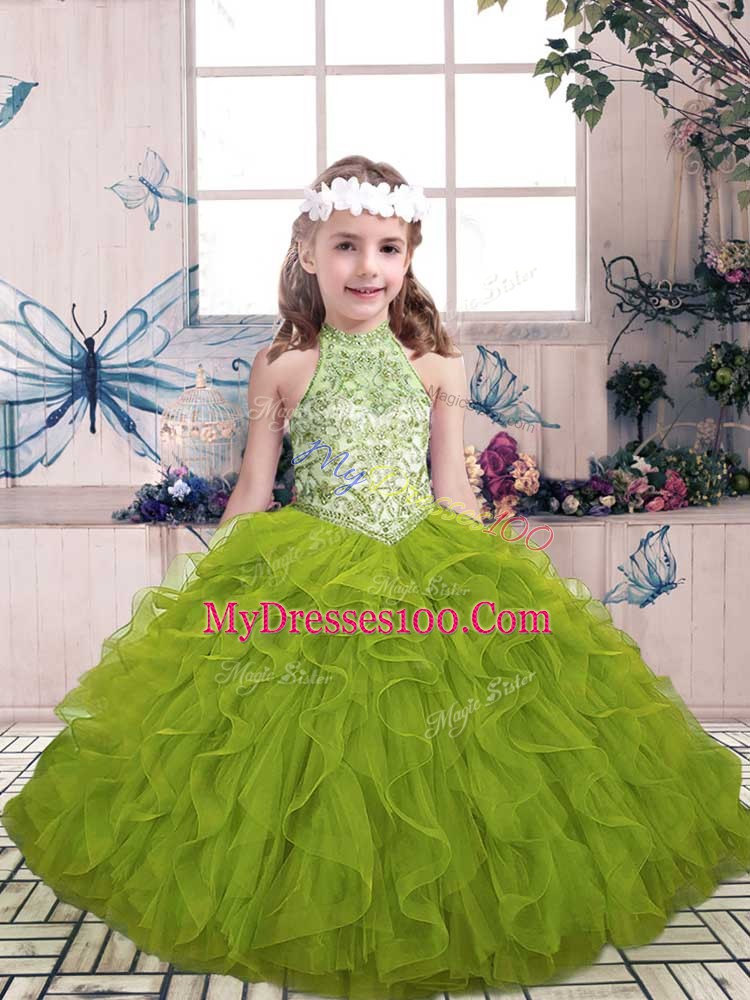 New Arrival Olive Green Ball Gowns Beading and Ruffles Little Girls Pageant Dress Wholesale Lace Up Tulle Sleeveless Floor Length