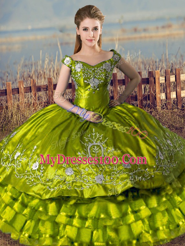 Spectacular Sleeveless Floor Length Embroidery and Ruffled Layers Lace Up Quinceanera Dress with Olive Green