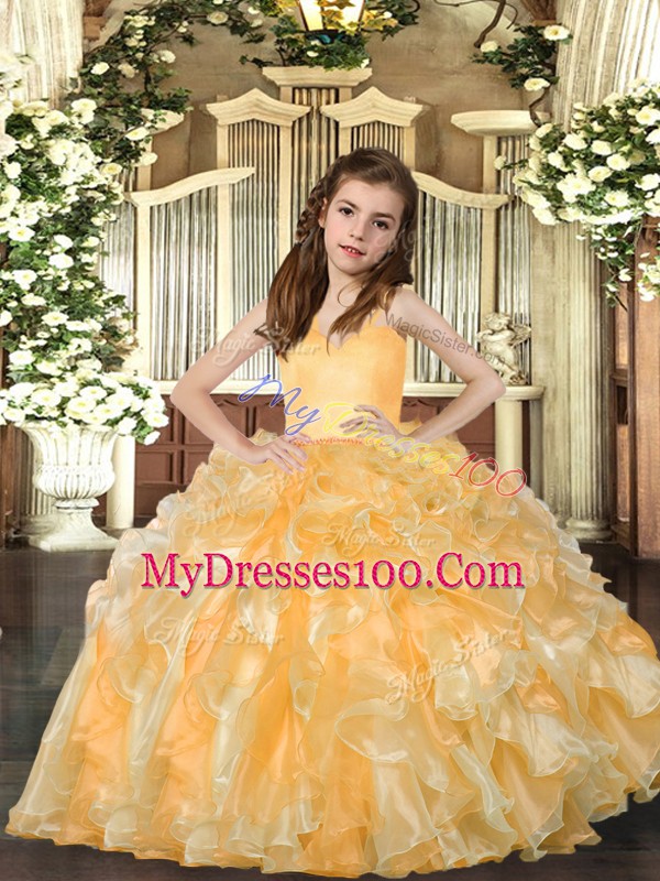Unique Gold Sleeveless Organza Lace Up Pageant Dress for Teens for Party and Sweet 16 and Wedding Party