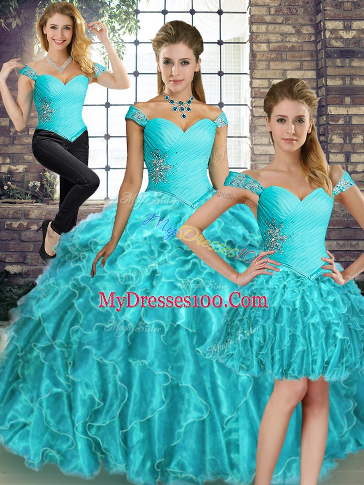Unique Aqua Blue Three Pieces Beading and Ruffles Sweet 16 Quinceanera Dress Lace Up Organza Sleeveless