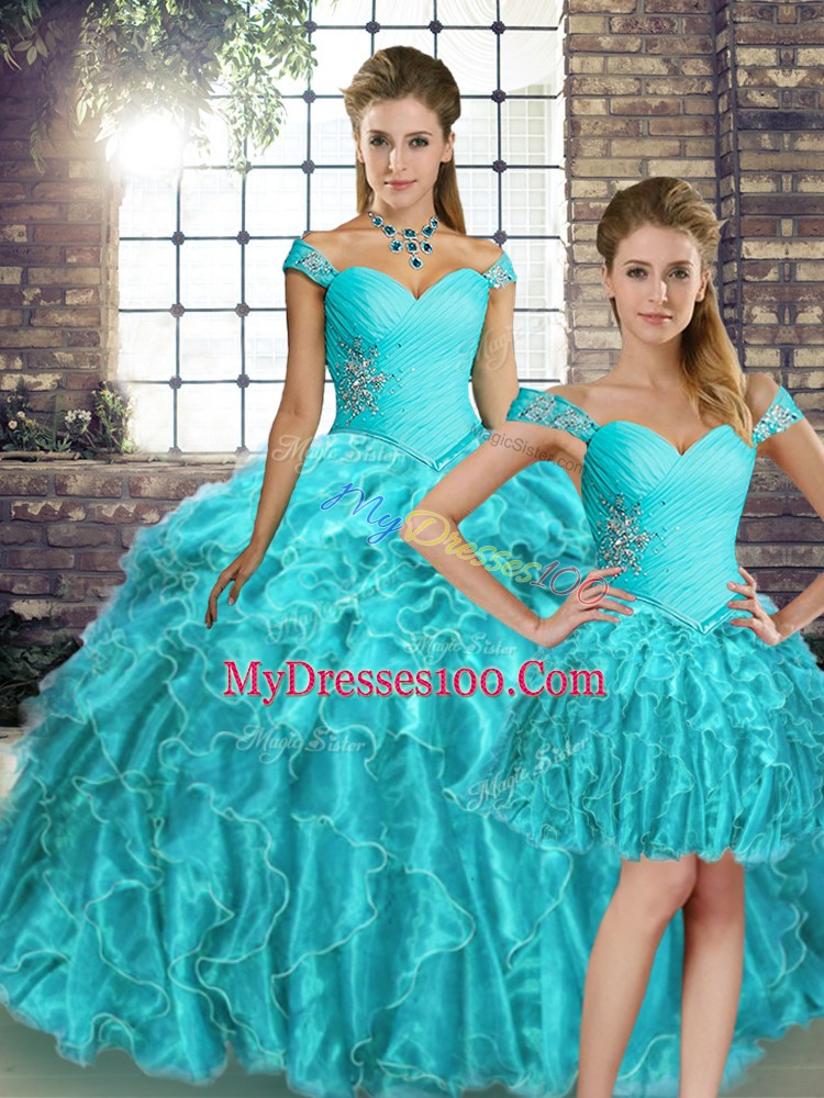 Unique Aqua Blue Three Pieces Beading and Ruffles Sweet 16 Quinceanera Dress Lace Up Organza Sleeveless