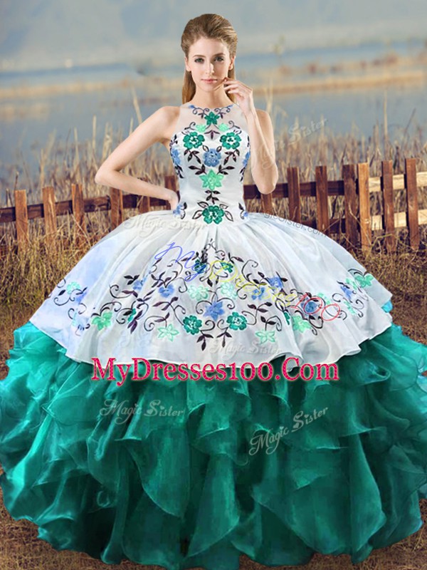 Elegant Floor Length Turquoise Sweet 16 Dress Halter Top Sleeveless Lace Up