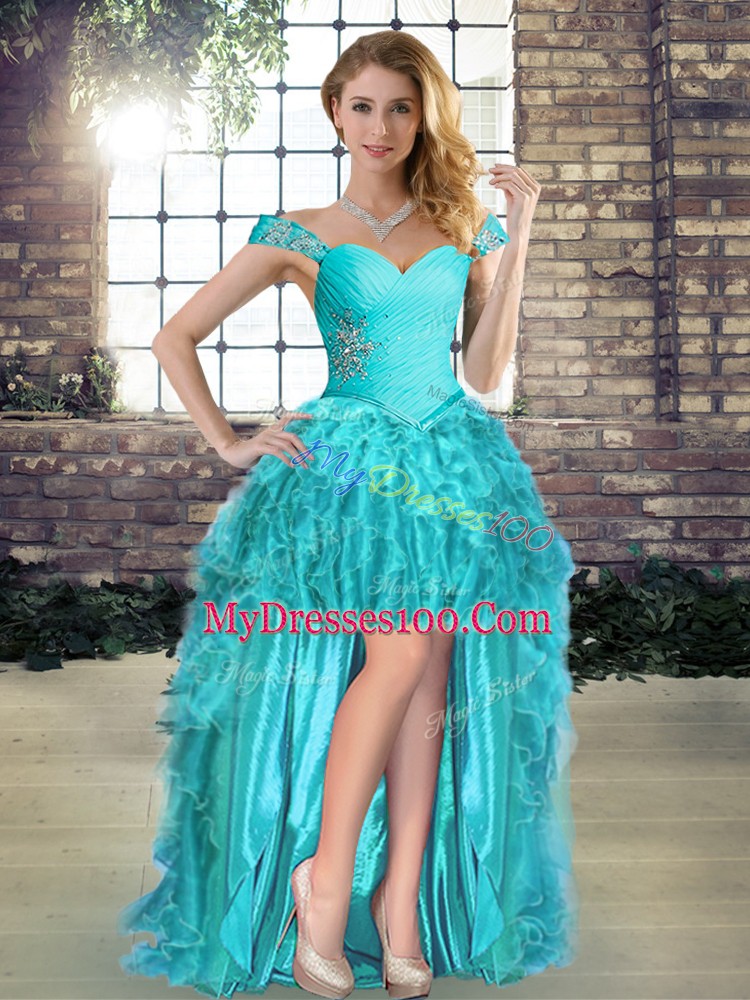Attractive Off The Shoulder Sleeveless Prom Gown High Low Beading and Ruffles Aqua Blue Organza