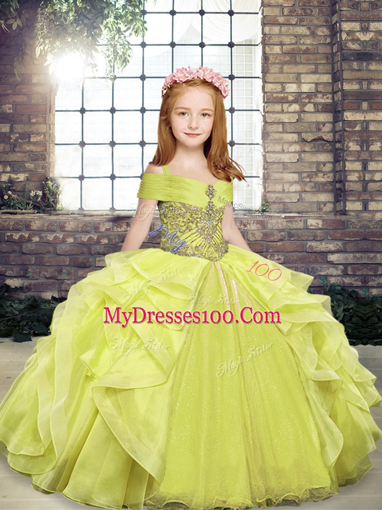Beading and Ruffles Kids Formal Wear Yellow Green Lace Up Sleeveless Floor Length
