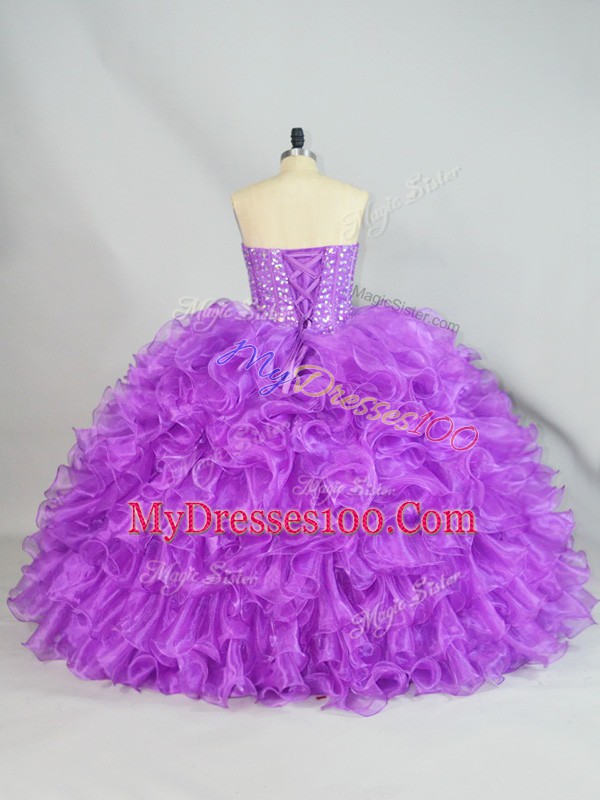 Low Price Floor Length Lace Up 15 Quinceanera Dress Purple for Sweet 16 and Quinceanera with Beading and Ruffles