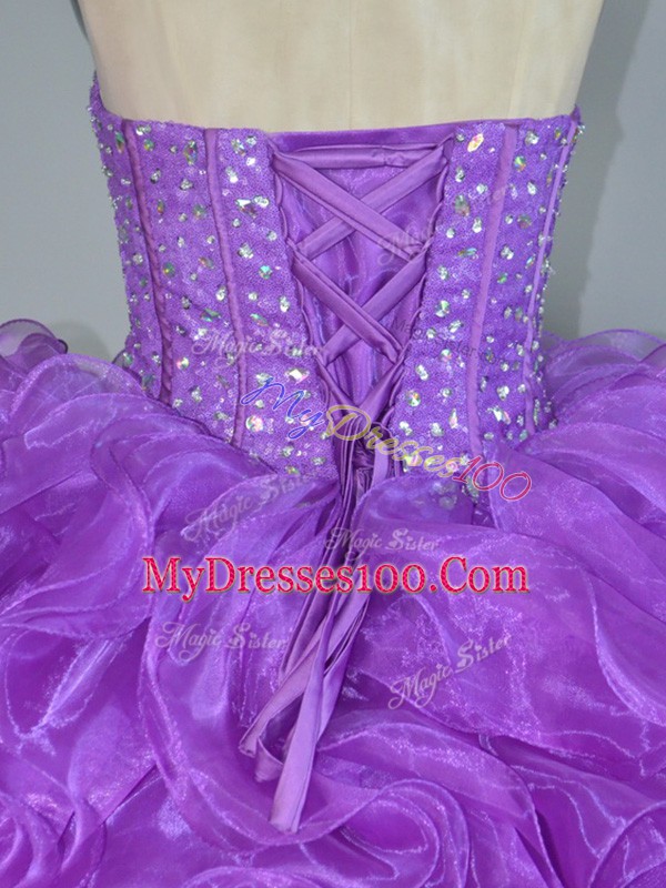 Low Price Floor Length Lace Up 15 Quinceanera Dress Purple for Sweet 16 and Quinceanera with Beading and Ruffles