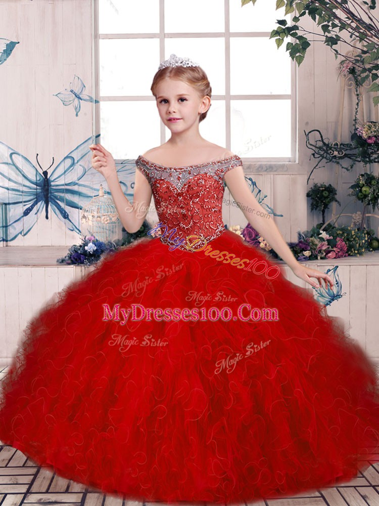 Red Ball Gowns Beading and Ruffles Little Girls Pageant Dress Wholesale Lace Up Tulle Sleeveless Floor Length