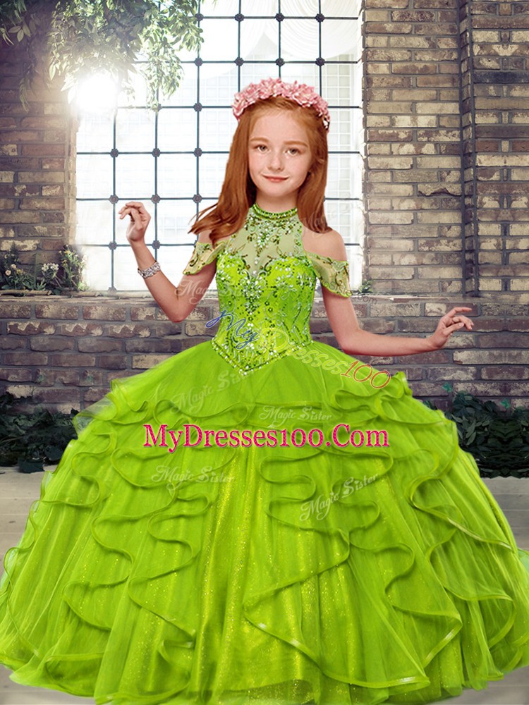Custom Designed Ball Gowns High-neck Sleeveless Tulle Floor Length Lace Up Beading and Ruffles High School Pageant Dress