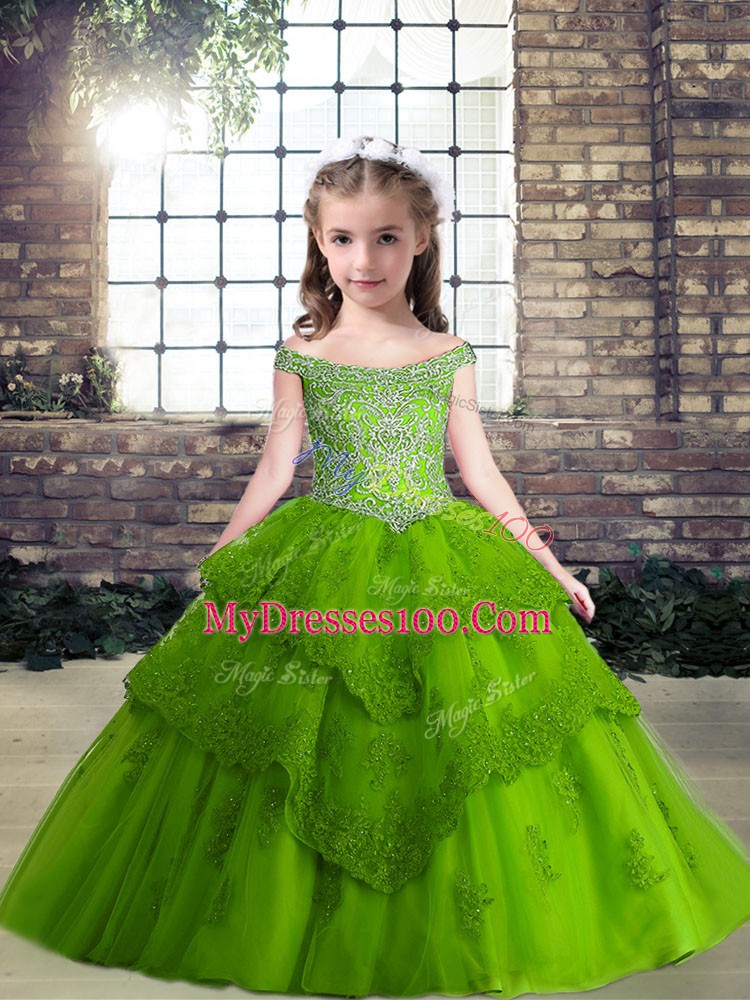 Customized Green Tulle Lace Up Little Girls Pageant Gowns Sleeveless Floor Length Beading