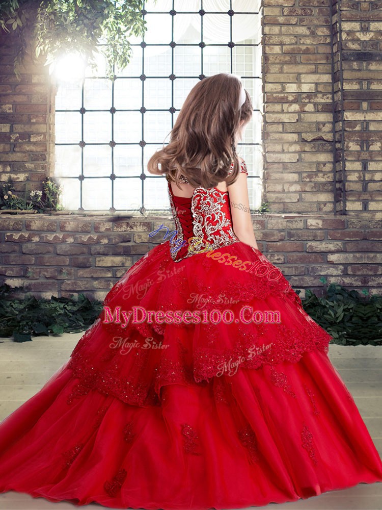 Customized Green Tulle Lace Up Little Girls Pageant Gowns Sleeveless Floor Length Beading