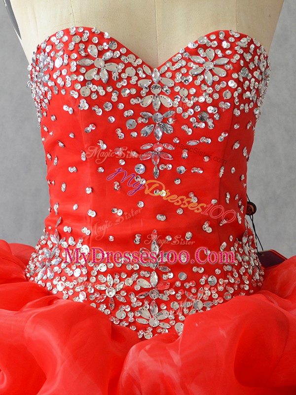 Floor Length Lace Up Vestidos de Quinceanera Red for Sweet 16 and Quinceanera with Pick Ups and Hand Made Flower