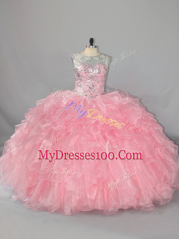 Ideal Floor Length Pink Sweet 16 Dress Scoop Sleeveless Lace Up