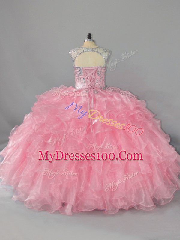 Ideal Floor Length Pink Sweet 16 Dress Scoop Sleeveless Lace Up