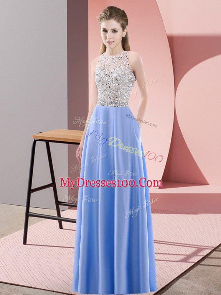Empire Dress for Prom Blue Scoop Satin Sleeveless Floor Length Backless