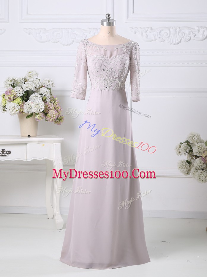 Adorable Pink Zipper Scoop Beading and Embroidery Prom Evening Gown Chiffon 3 4 Length Sleeve