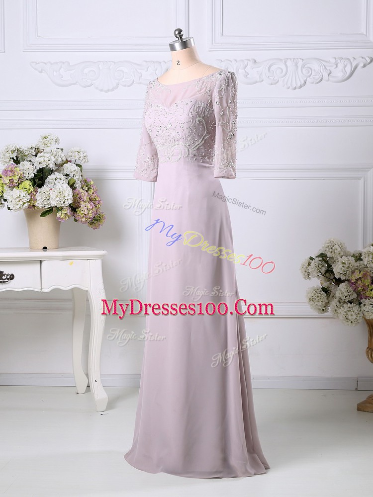 Adorable Pink Zipper Scoop Beading and Embroidery Prom Evening Gown Chiffon 3 4 Length Sleeve