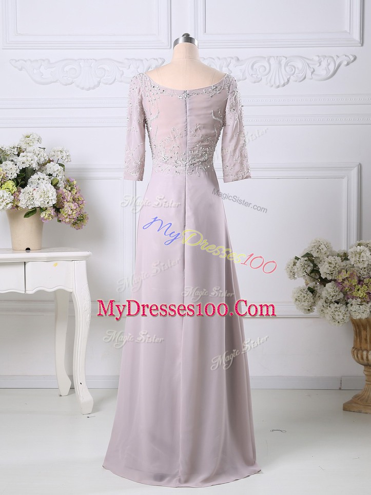 Adorable Pink Zipper Scoop Beading and Embroidery Prom Evening Gown Chiffon 3 4 Length Sleeve