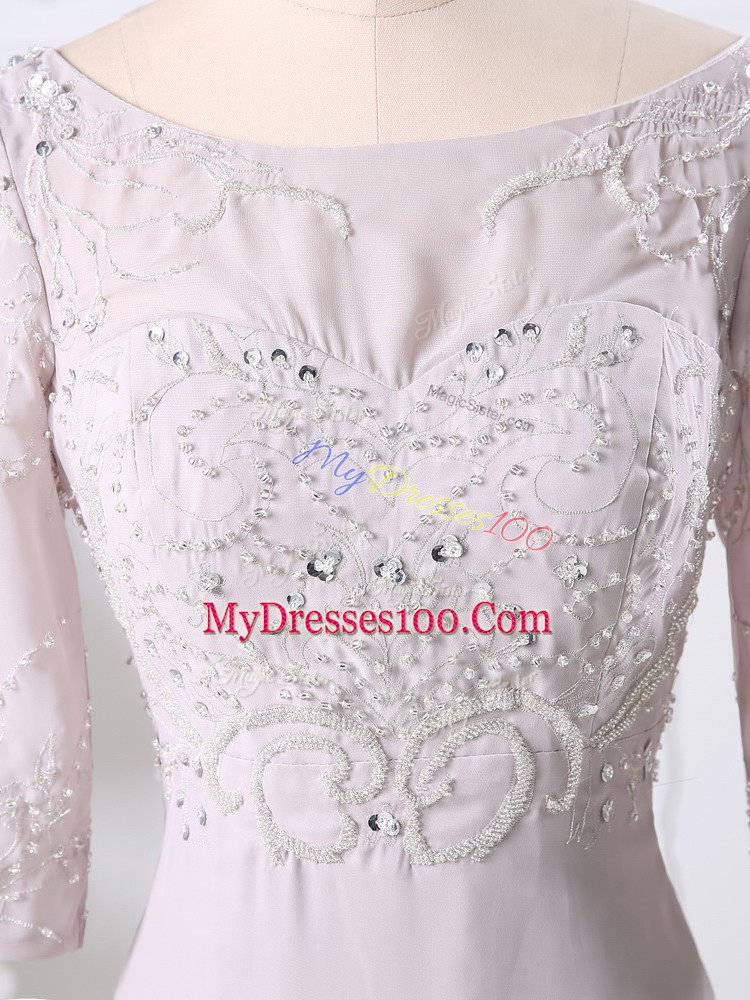 Adorable Pink Zipper Scoop Beading and Embroidery Prom Evening Gown Chiffon 3 4 Length Sleeve