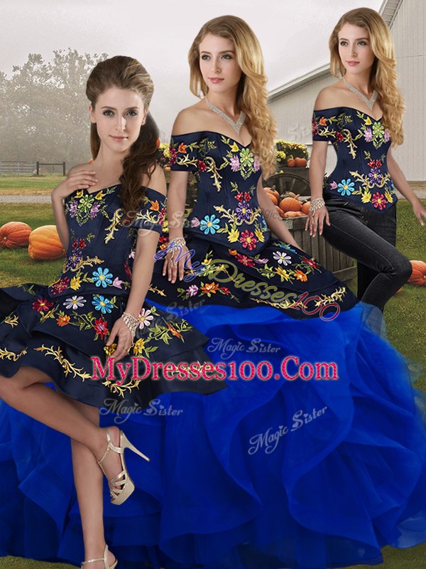 Royal Blue Sleeveless Floor Length Embroidery and Ruffles Lace Up Sweet 16 Dress
