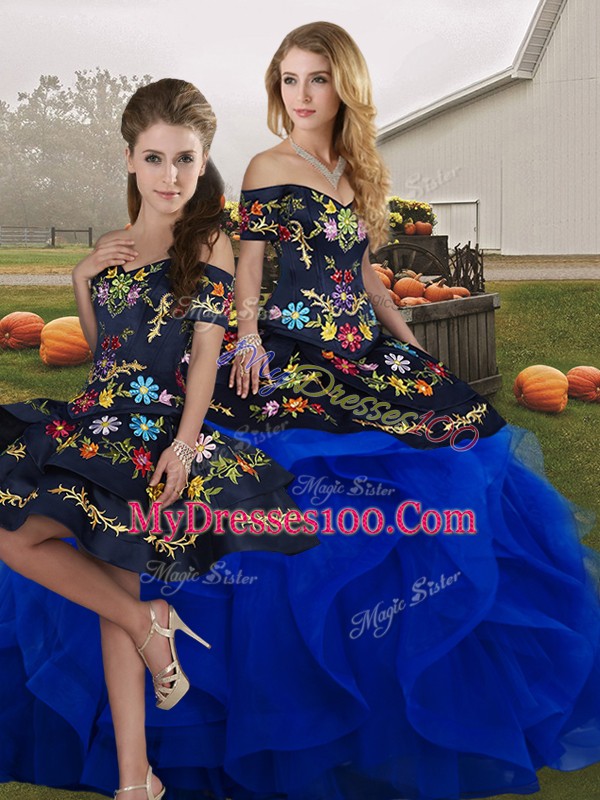 Royal Blue Sleeveless Floor Length Embroidery and Ruffles Lace Up Sweet 16 Dress