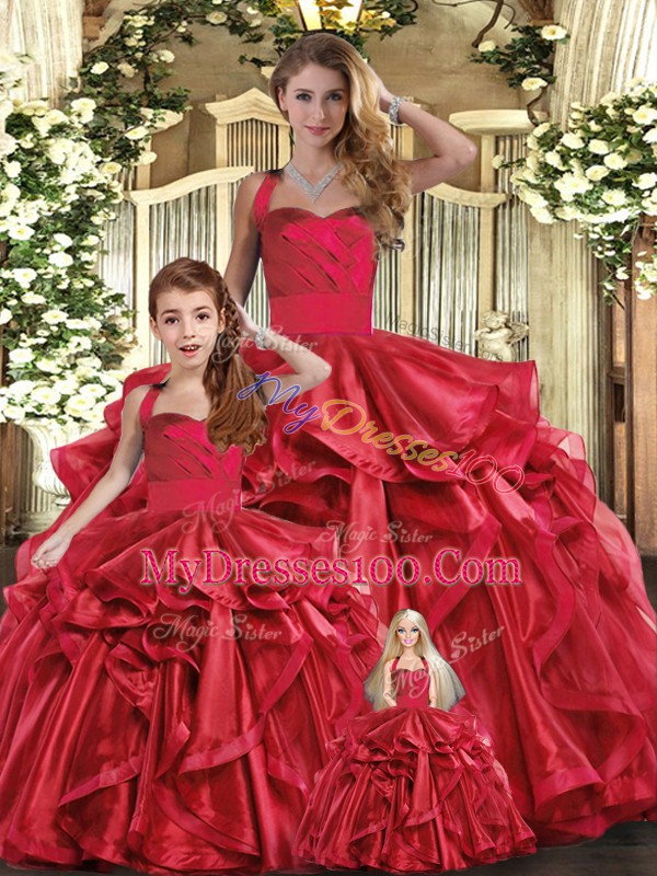 Floor Length Red Sweet 16 Quinceanera Dress Straps Sleeveless Lace Up