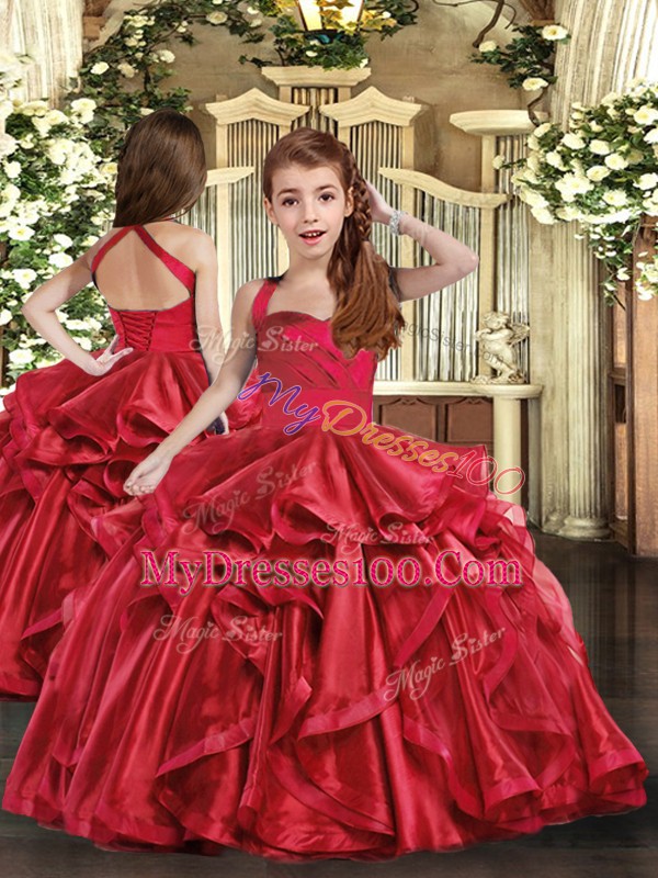 Floor Length Red Sweet 16 Quinceanera Dress Straps Sleeveless Lace Up