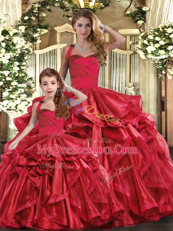 Floor Length Red Sweet 16 Quinceanera Dress Straps Sleeveless Lace Up