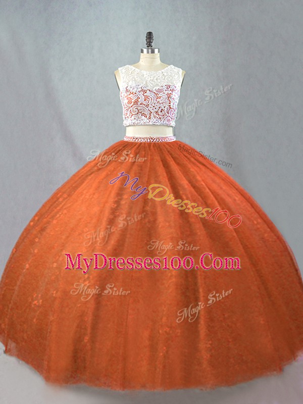 Sweet Rust Red Two Pieces Scoop Sleeveless Tulle Floor Length Zipper Beading Sweet 16 Dress