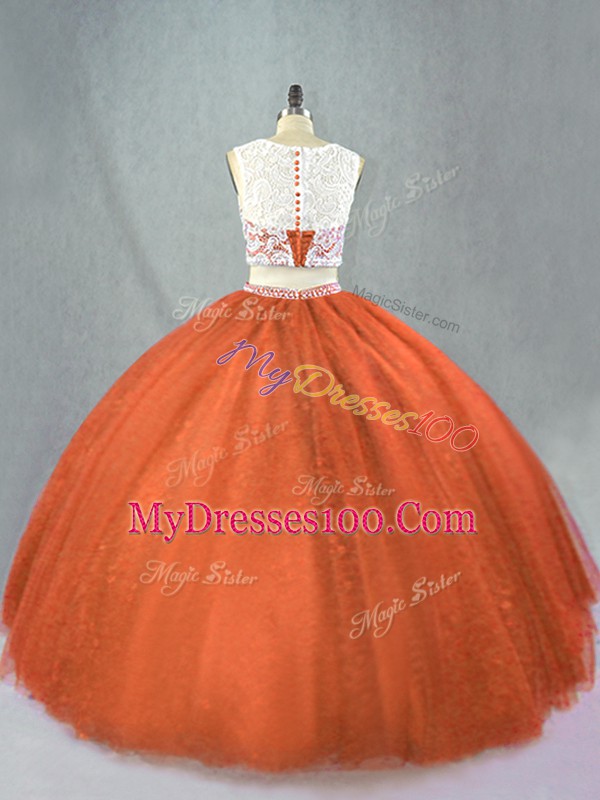 Sweet Rust Red Two Pieces Scoop Sleeveless Tulle Floor Length Zipper Beading Sweet 16 Dress