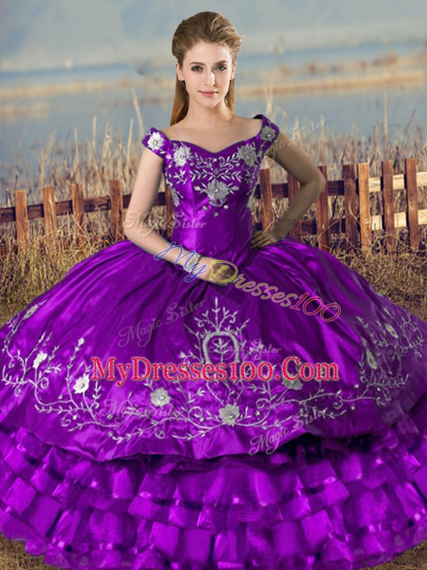 Graceful Purple Sweet 16 Dresses Sweet 16 and Quinceanera with Embroidery and Ruffled Layers Off The Shoulder Sleeveless Lace Up